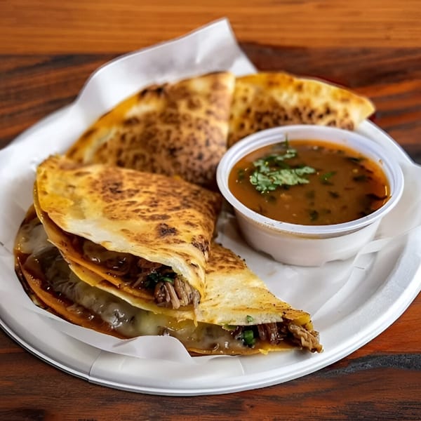 Three golden-brown birria quesadillas with melted cheese and meat, served with a side of consommé.