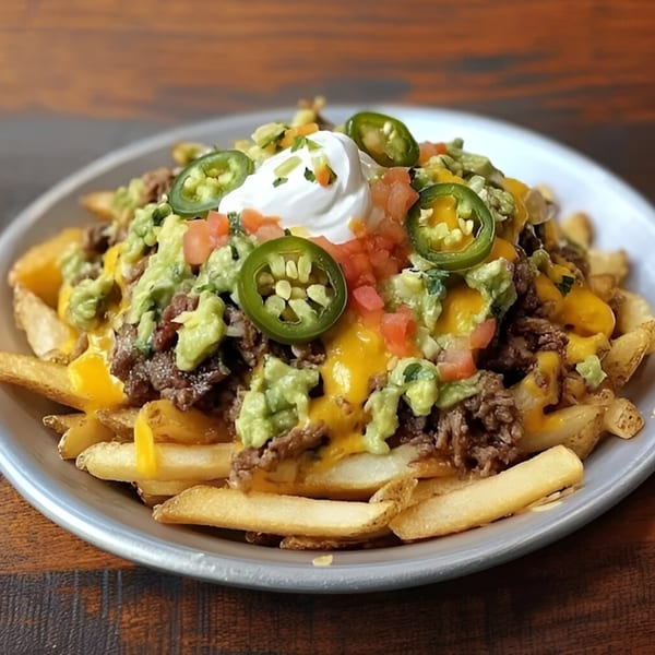 Mexican fries loaded with ground beef, melted cheese, guacamole, sour cream, and jalapeños.