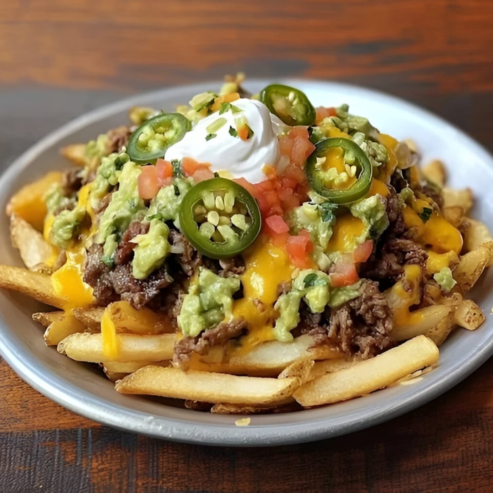 Mexican fries loaded with ground beef, melted cheese, guacamole, sour cream, and jalapeños.