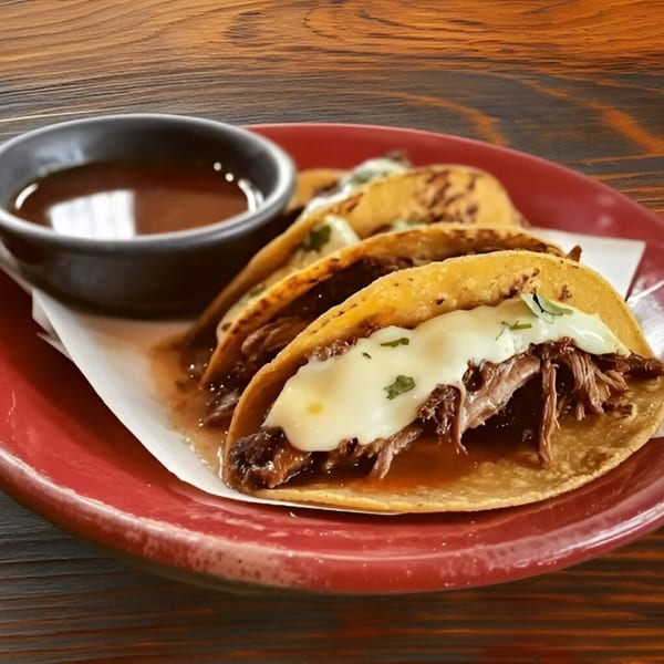 Three Tacos Acambaro birria tacos with melted cheese and a side of consommé on a red plate.